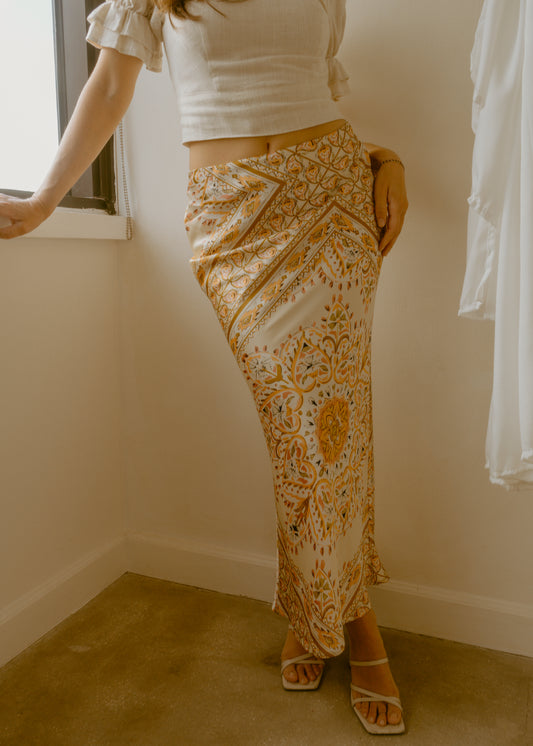 Daniela Paisley Printed Satin Skirt - Sand + Slate